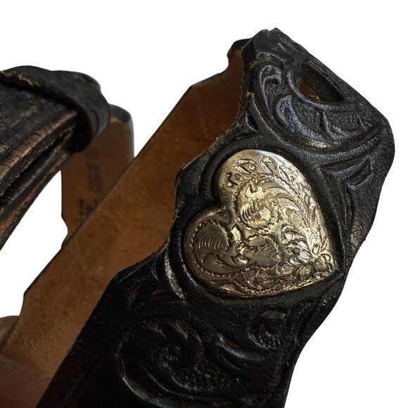 VTG Silver Creek Embossed Tooled Leather Hearts Western Belt Women's Black - Picture 3 of 7